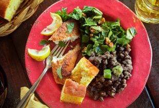 Healthy version of Crowder peas and okra, golden sauteed catfish and warm wild greens salad