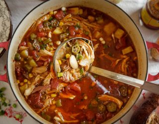 a dutch oven full of brunsick stew