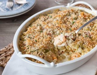 a dish of creamy green baby lima bean and shrimp casserole