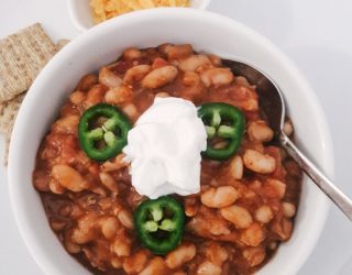 a bowl of vegetarian pinto bean chili