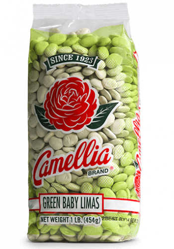 the front of a package of camellia brand green baby limas