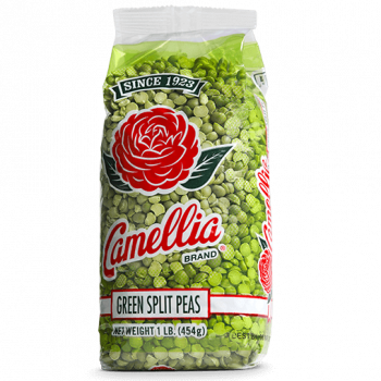 the front of a package of camellia brand green split peas