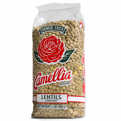 the front of a package of camellia brand lentils