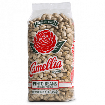 the front of a package of camellia brand pinto beans