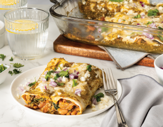 2 Pinto Bean and Kale Enchiladas with Spicy Tomatillo Salsa