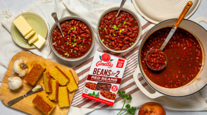 Beans for 2 Box, next to pot of cooked beans and two bowls of beans
