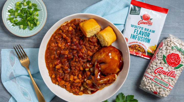 A rich and smoky baked bean dish using Camellia White Beans & Camellia White Bean Flavor Infusion, finished in the oven for that perfect caramelized topping!