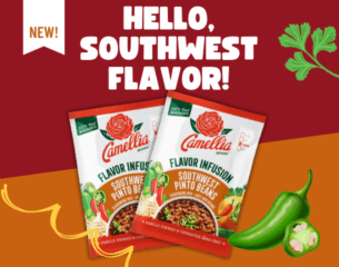 Two bags of Camellia Southwest Pinto Beans are displayed on a colorful background with the text "Hello, Southwest Flavor!" Green peppers and cilantro are included.