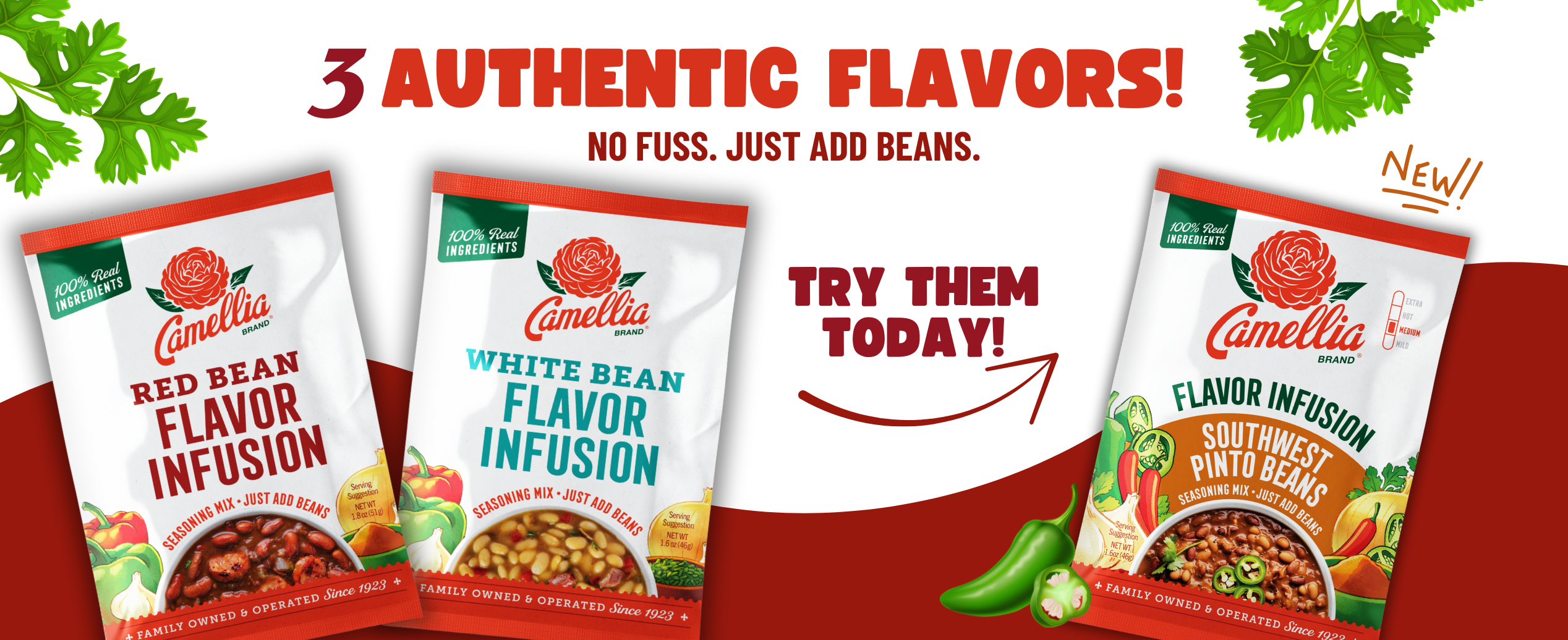 Three Camellia flavor infusion packets displayed with vibrant graphics. Text reads "3 Authentic Flavors! No fuss. Just add beans." Surrounded by parsley and chili graphics.
