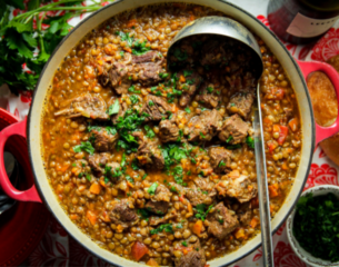 A hearty stew in a red pot filled with lentils, chunks of beef, carrots, and fresh herbs. A ladle rests inside, evoking warmth and comfort.