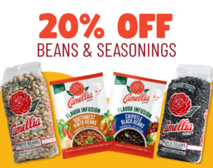 20% off beans and seasonings. Image shows packs of Camellia pinto beans, Southwest pinto beans, chipotle black beans, and black beans.
